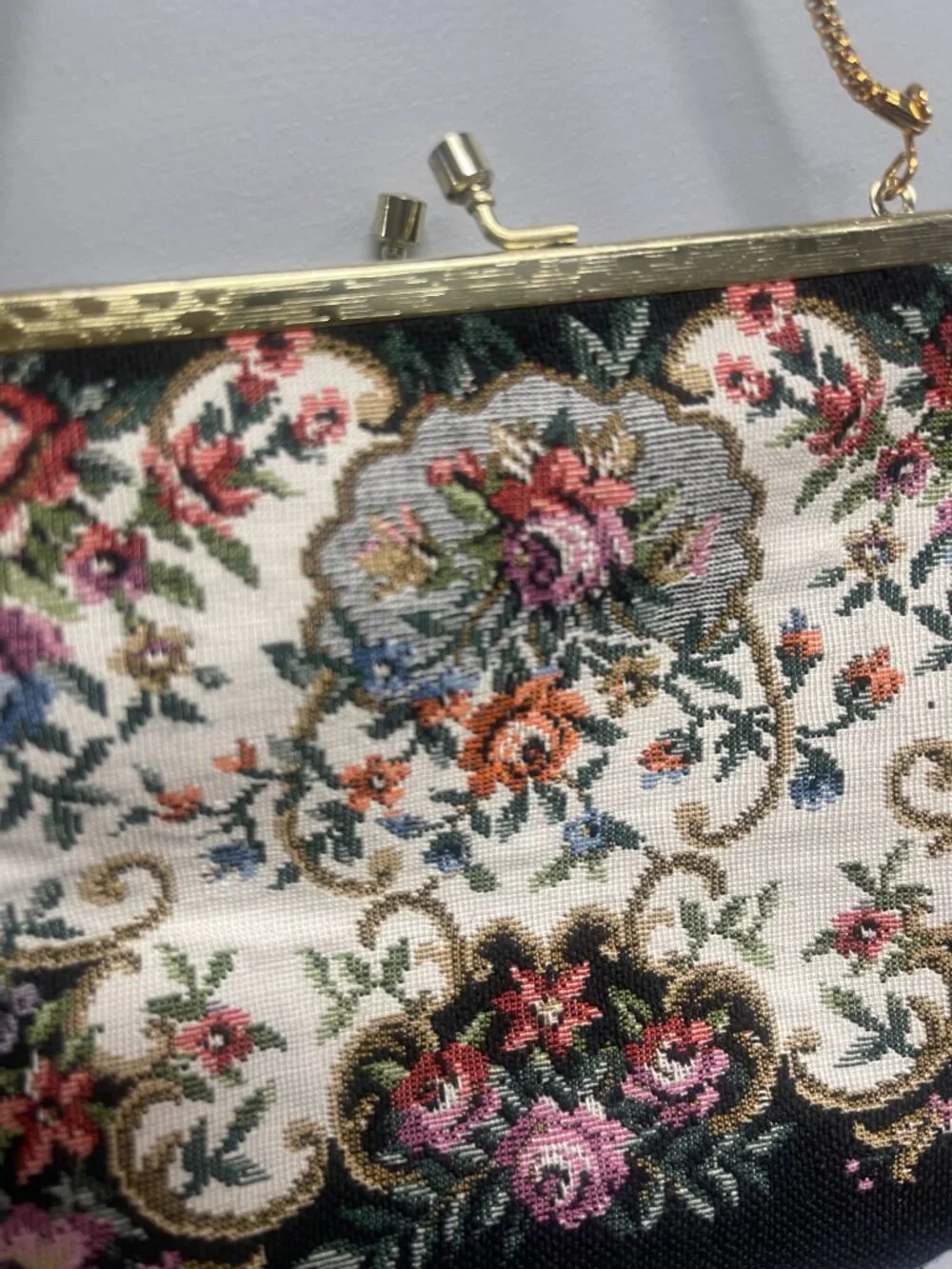Vintage Buffums Floral Tapestry Purse Grandmacore Gold Chain Evening Bag